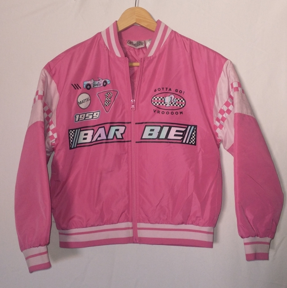 Barbie Girls 10-12  Pink and White Racing Jacket Barbiecore Puffer Cute!